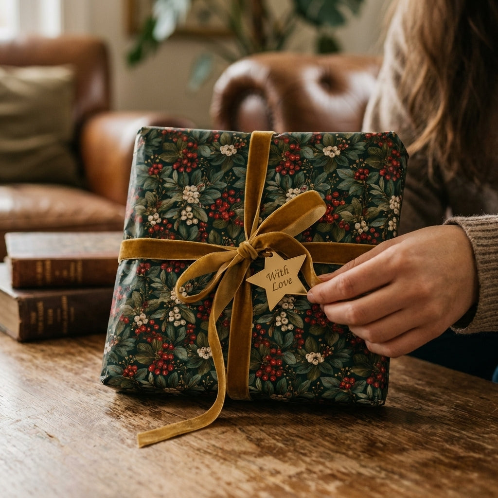 Luxury botanical Christmas gift wrap with a gold velvet ribbon by Wrapped Studios.