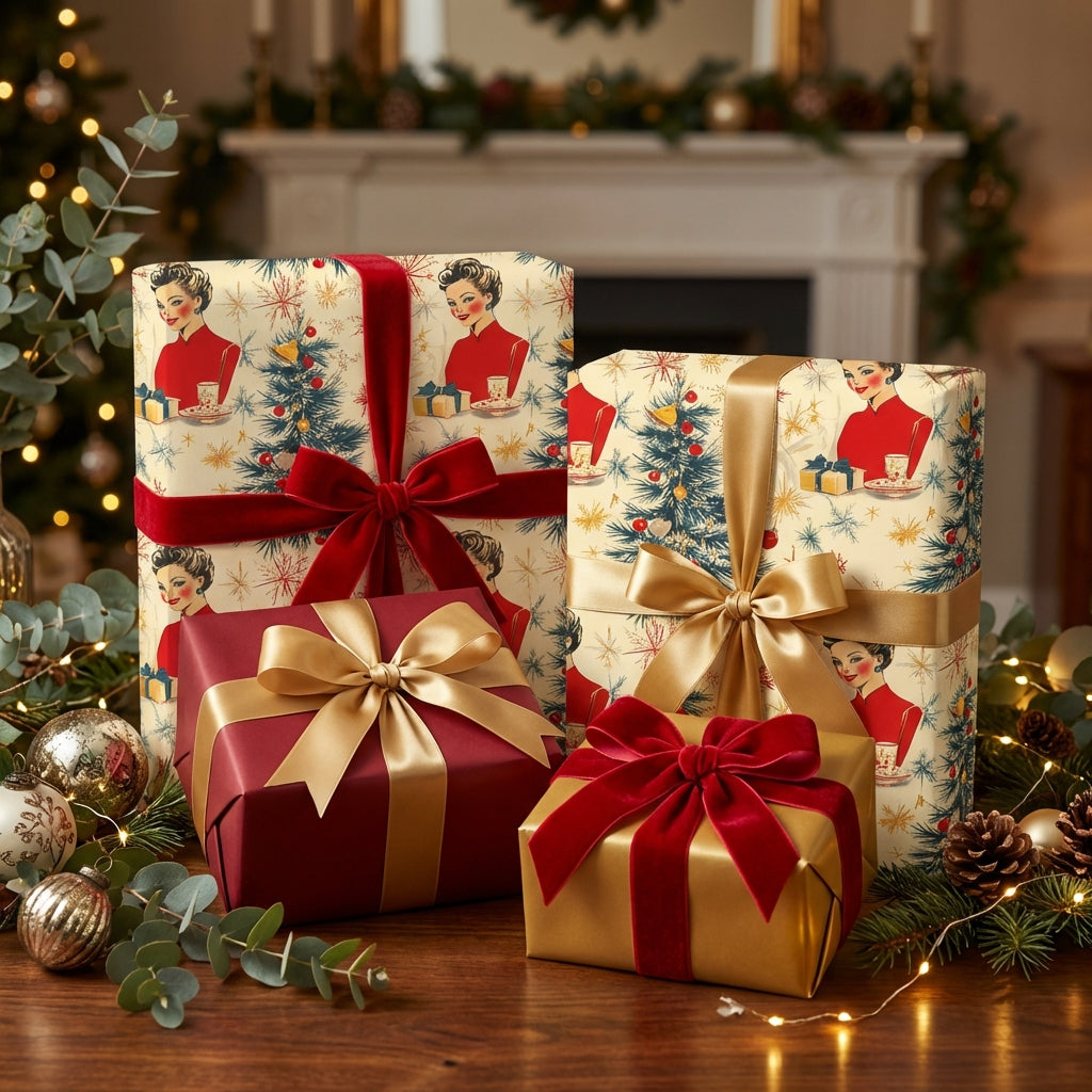Elegant gifts wrapped in retro Christmas wrapping paper with red velvet and gold satin ribbon bows.