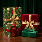 Luxury Christmas wrapping paper with elegant pine patterns and velvet ribbons by Wrapped Studios.