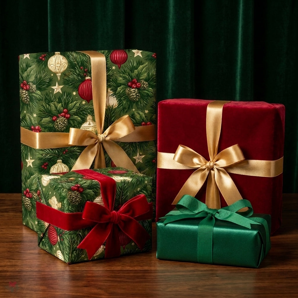 Luxury Christmas wrapping paper with elegant pine patterns and velvet ribbons by Wrapped Studios.