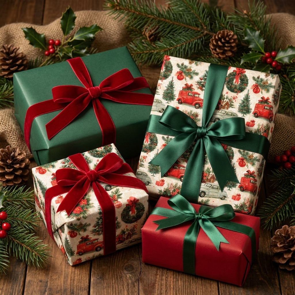 Vintage Christmas wrapping paper with red trucks and velvet bows by Wrapped Studios.