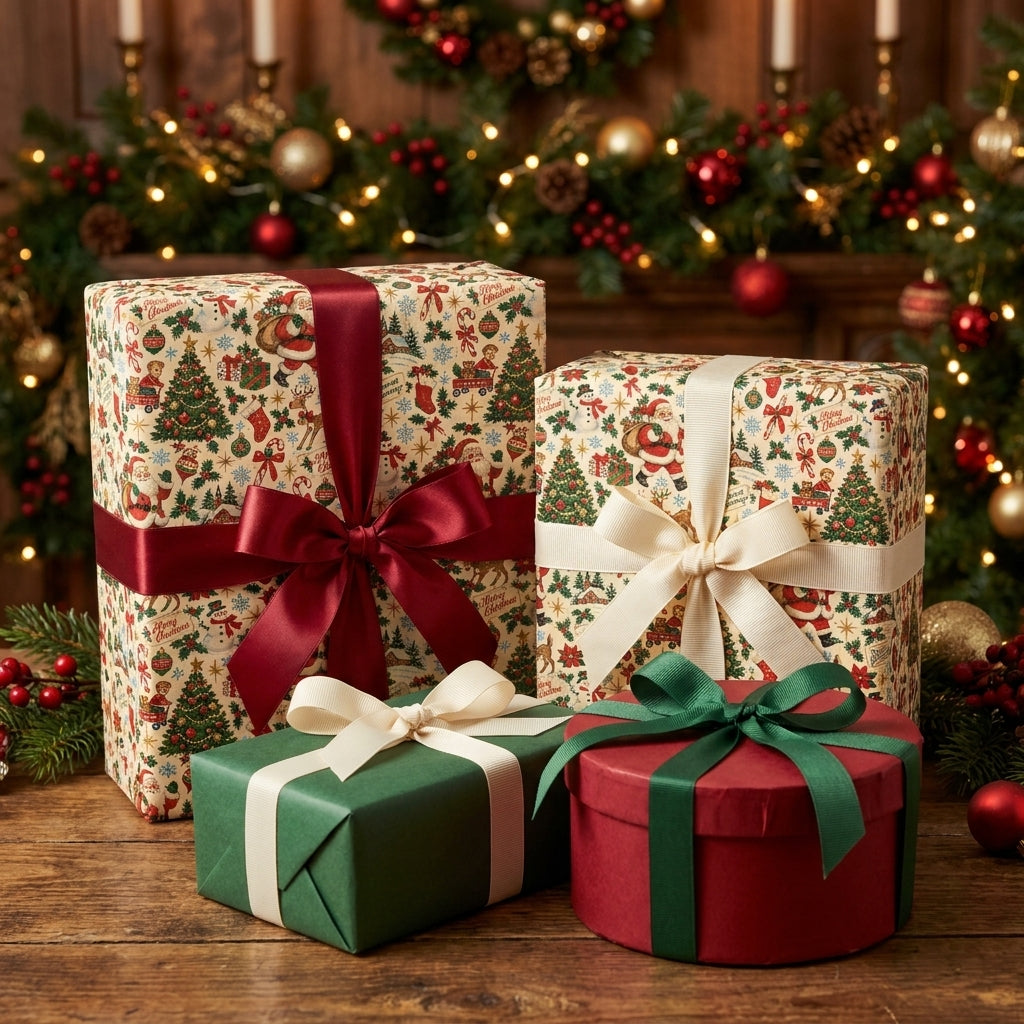 Vintage Christmas wrapping paper with Santa Claus print on holiday gift boxes by Wrapped Studios.