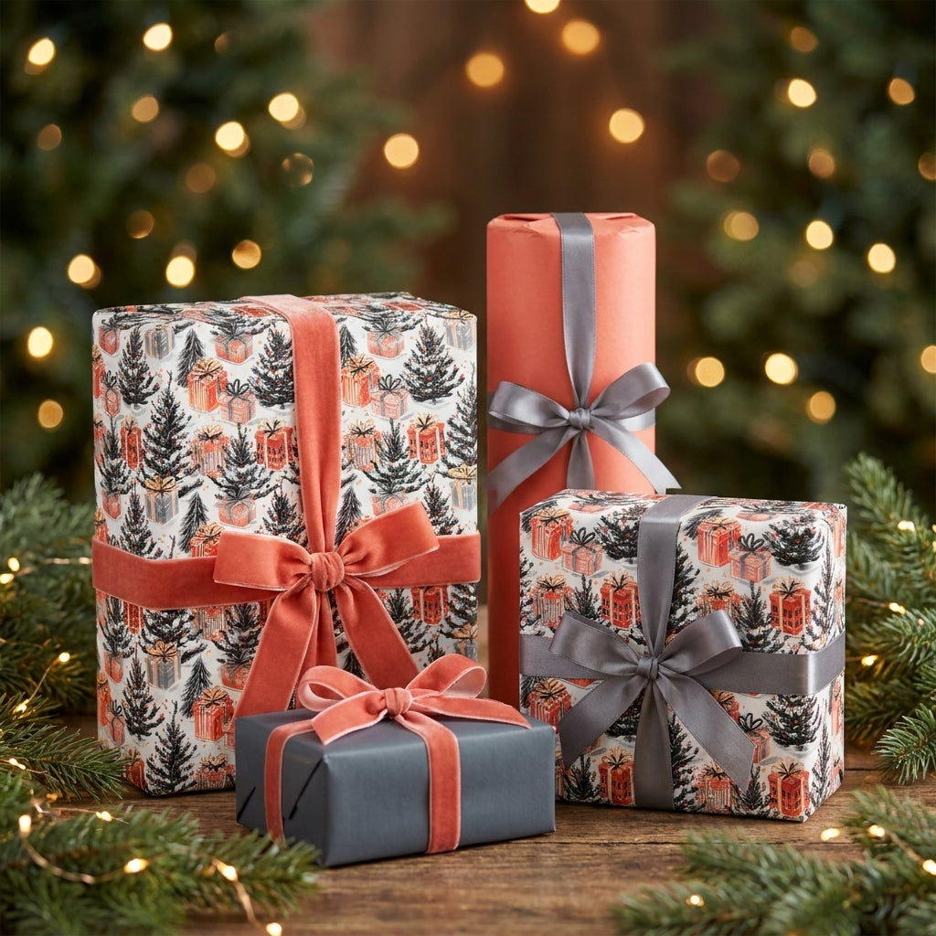 Rustic Christmas gift wrap with pine tree patterns and velvet ribbons by Wrapped Studios.
