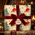 Elegant Christmas gift wrap with retro lady and tree pattern, tied with a red velvet ribbon and "Merry & Bright" tag.