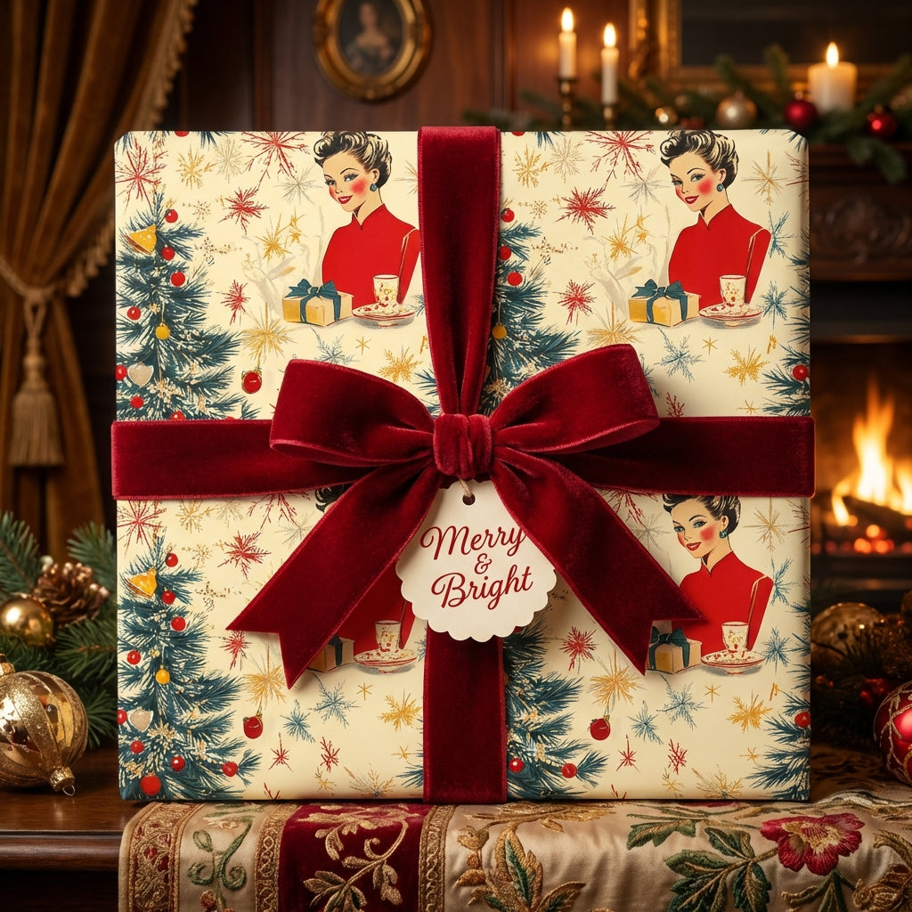 Elegant Christmas gift wrap with retro lady and tree pattern, tied with a red velvet ribbon and "Merry & Bright" tag.