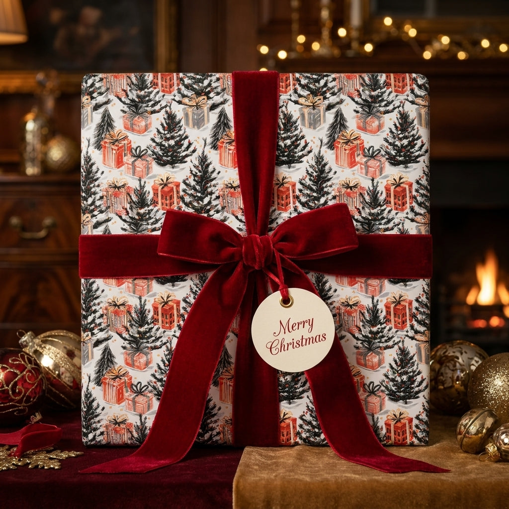 Luxury Christmas wrapping paper with a festive tree pattern and red velvet bow by Wrapped Studios.