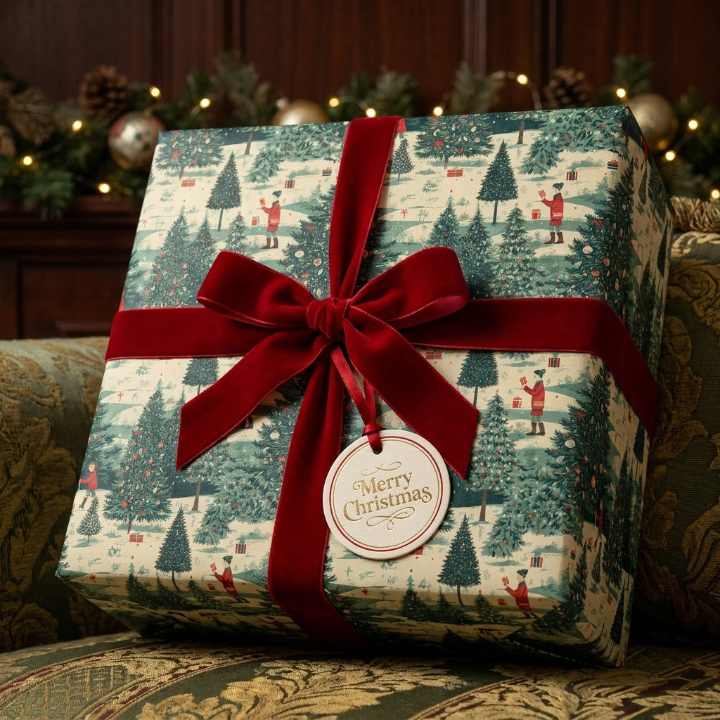 Luxury Christmas gift wrap with vintage winter scene and red velvet bow by Wrapped Studios.