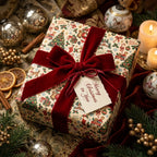 Vintage Christmas wrapping paper by Wrapped Studios with a luxury red velvet bow and holiday tag.