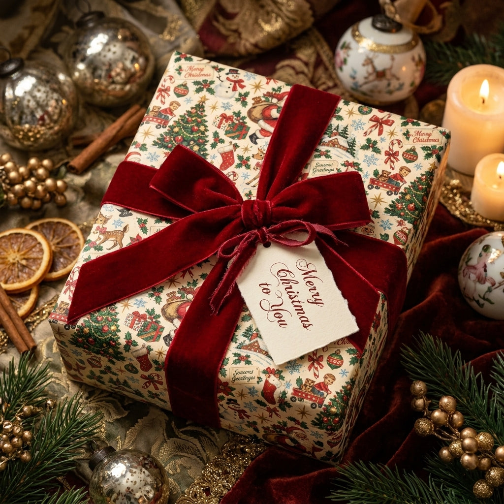Vintage Christmas wrapping paper by Wrapped Studios with a luxury red velvet bow and holiday tag.