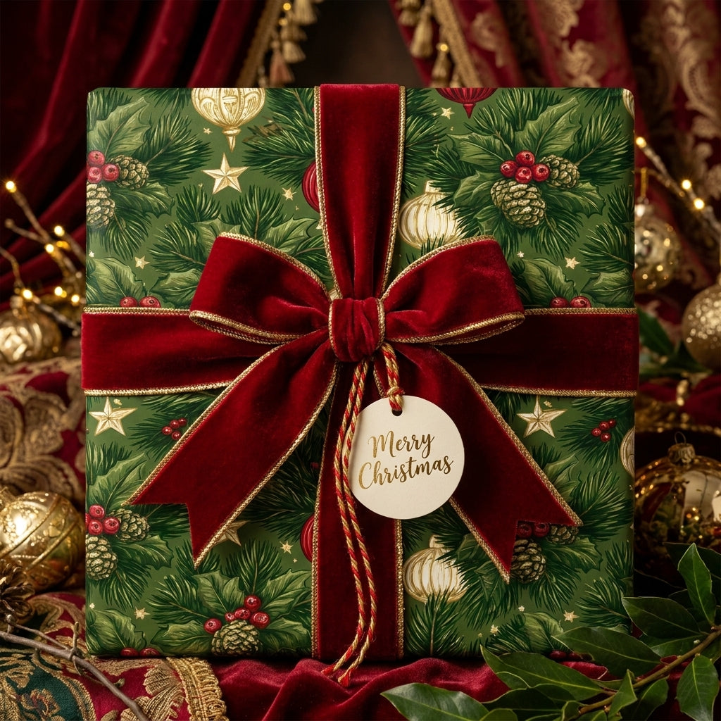 Luxury Christmas wrapping paper with green pine pattern and red velvet bow by Wrapped Studios.