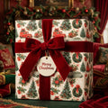 Vintage Christmas wrapping paper with red trucks and a red velvet bow by Wrapped Studios.