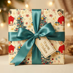 Retro Christmas gift wrap with teal ribbon, featuring vintage woman and decorated tree pattern, "Warm Wishes" tag.