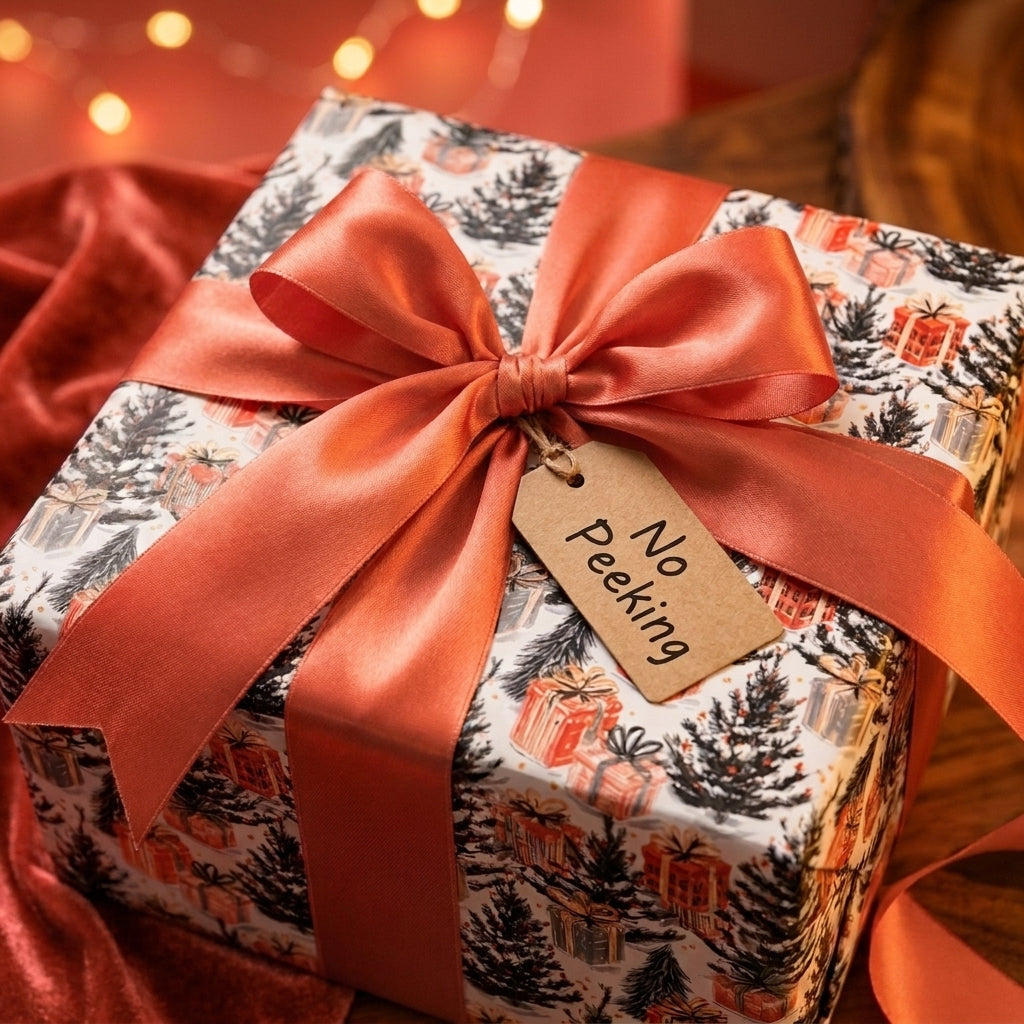 Christmas gift wrap with pine tree pattern, copper satin bow, and No Peeking tag by Wrapped Studios.