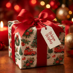 Luxury vintage Christmas wrapping paper with red trucks and a red satin bow by Wrapped Studios.