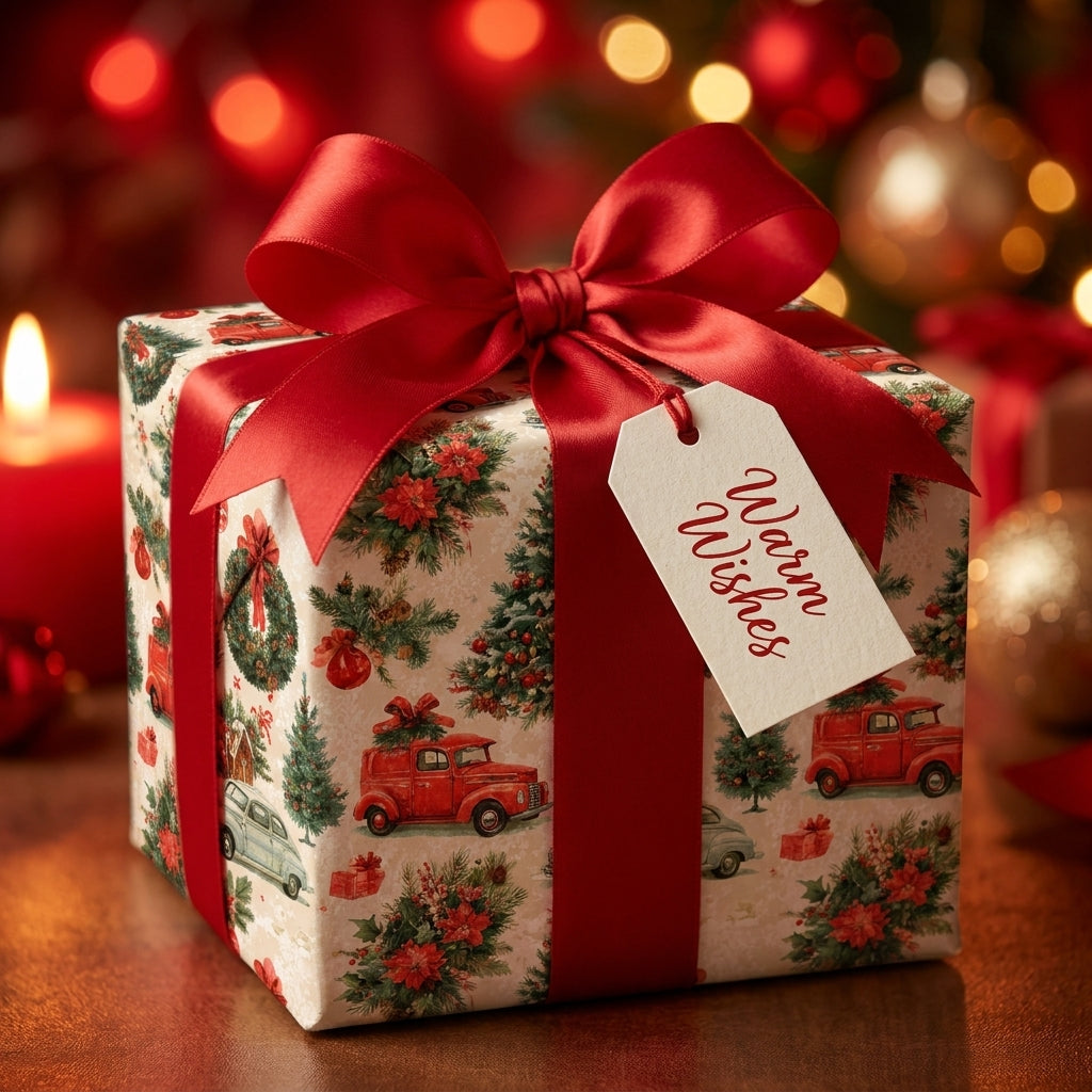 Luxury vintage Christmas wrapping paper with red trucks and a red satin bow by Wrapped Studios.