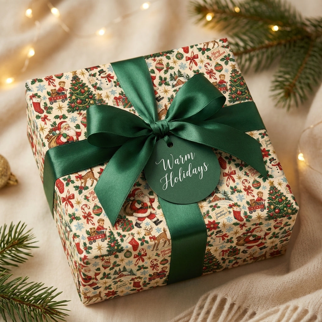 Vintage Christmas wrapping paper with retro Santa pattern and green satin bow by Wrapped Studios.