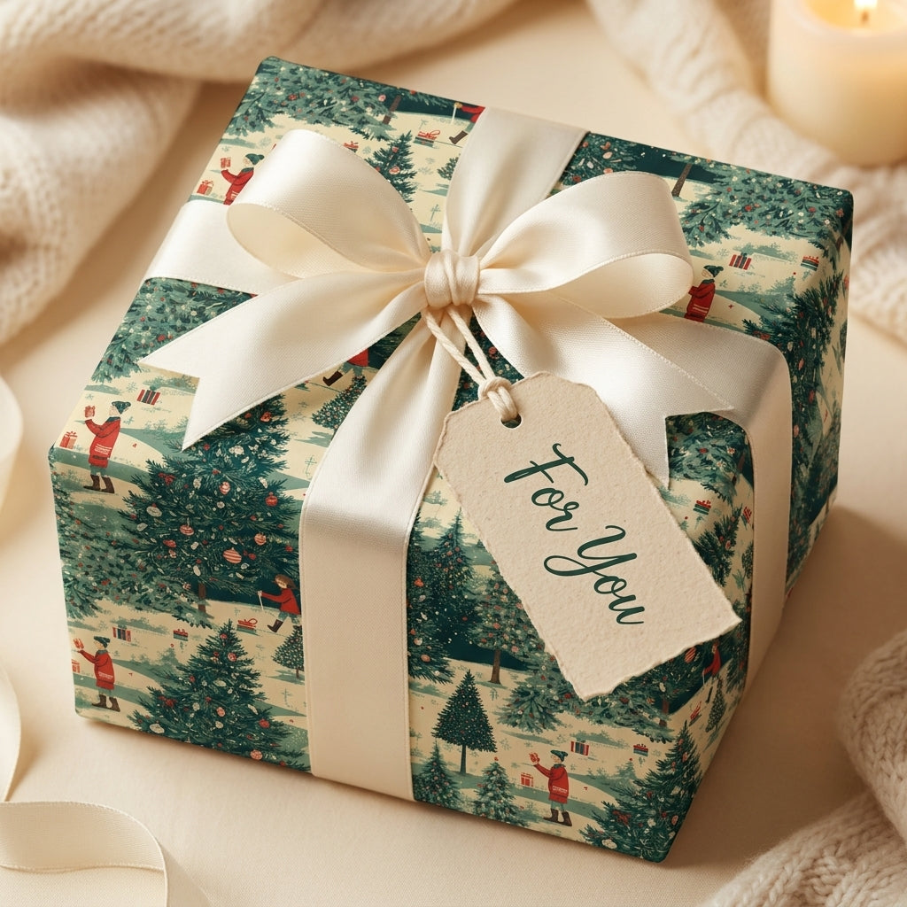 Vintage Christmas wrapping paper with a cream satin bow and 'For You' gift tag by Wrapped Studios.
