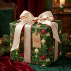Elegant green Christmas wrapping paper with a vintage ornament pattern and cream satin bow by Wrapped Studios.