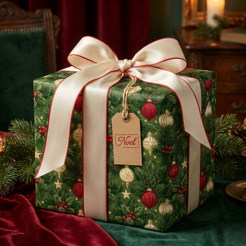 Elegant green Christmas wrapping paper with a vintage ornament pattern and cream satin bow by Wrapped Studios.