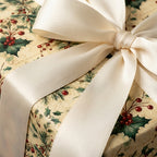 Vintage holly Christmas wrapping paper with a luxury cream satin bow on a gift box by Wrapped Studios.