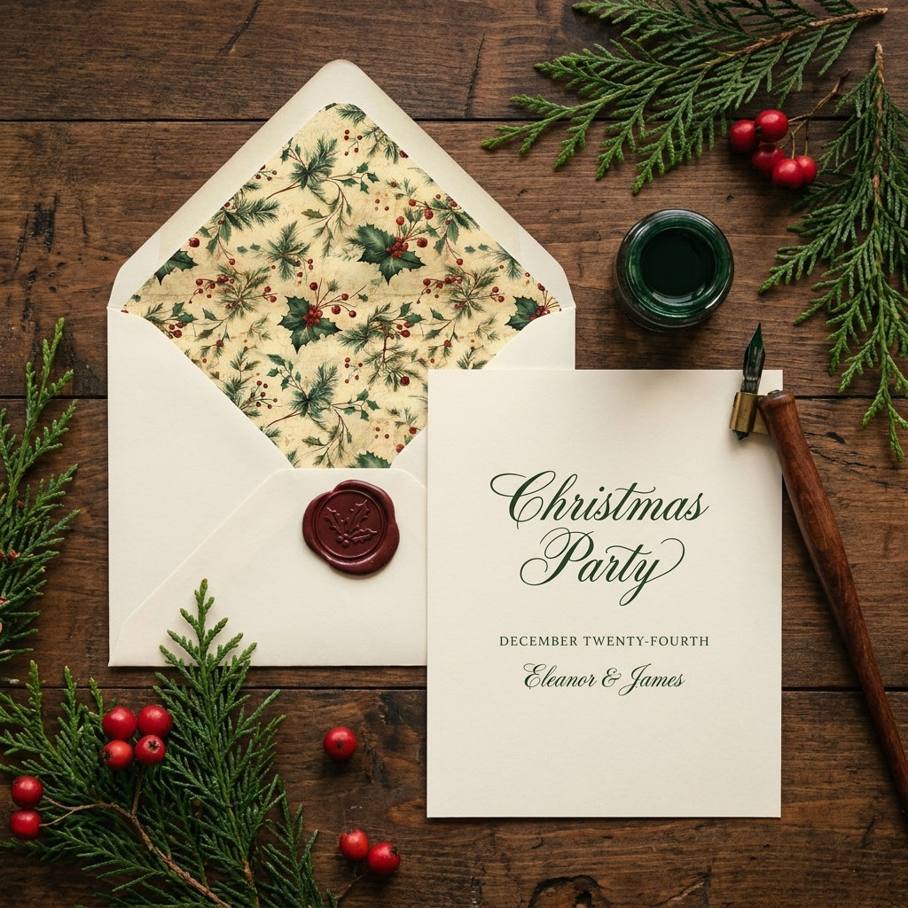 Vintage Christmas party invitation with a holly envelope liner by Wrapped Studios.