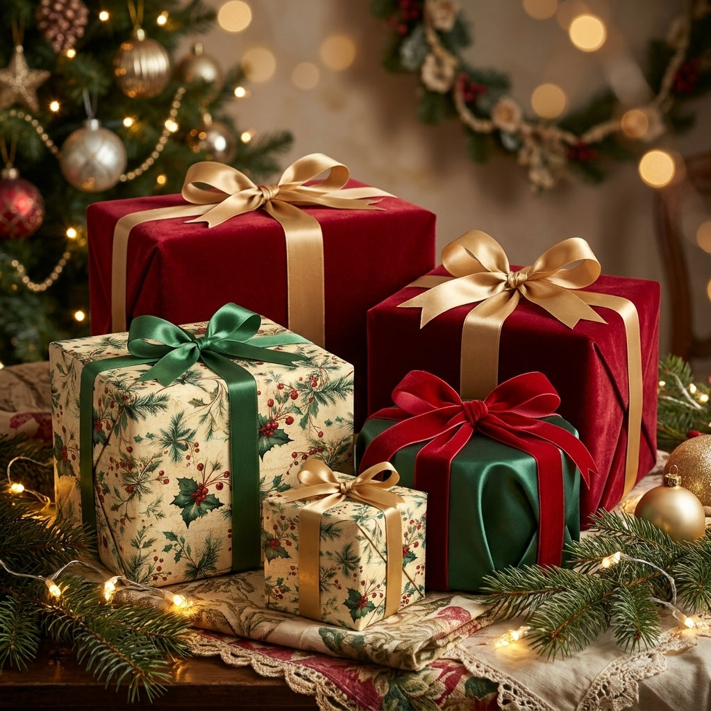 Luxury Christmas gift wrap with vintage holly patterns and velvet ribbons by Wrapped Studios.