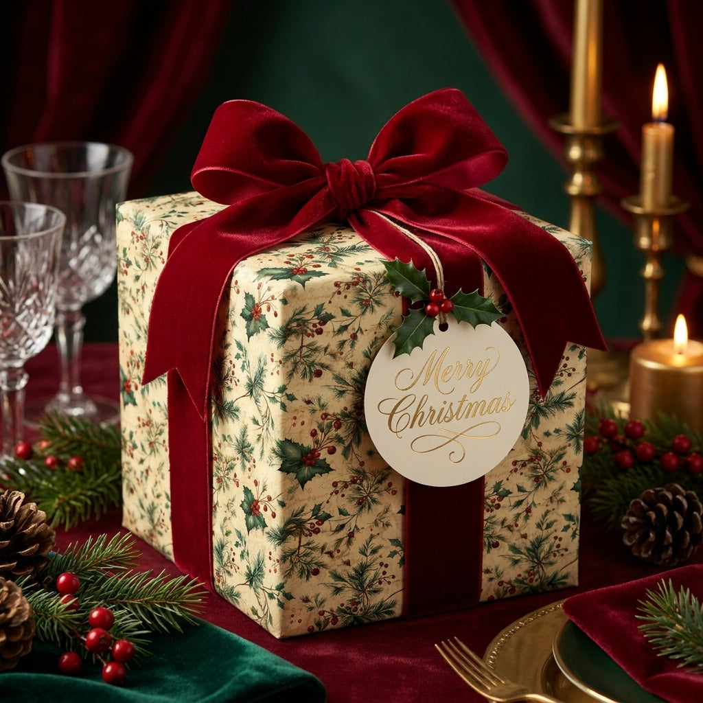 Luxury vintage Christmas wrapping paper with holly print, tied with a red velvet bow by Wrapped Studios.