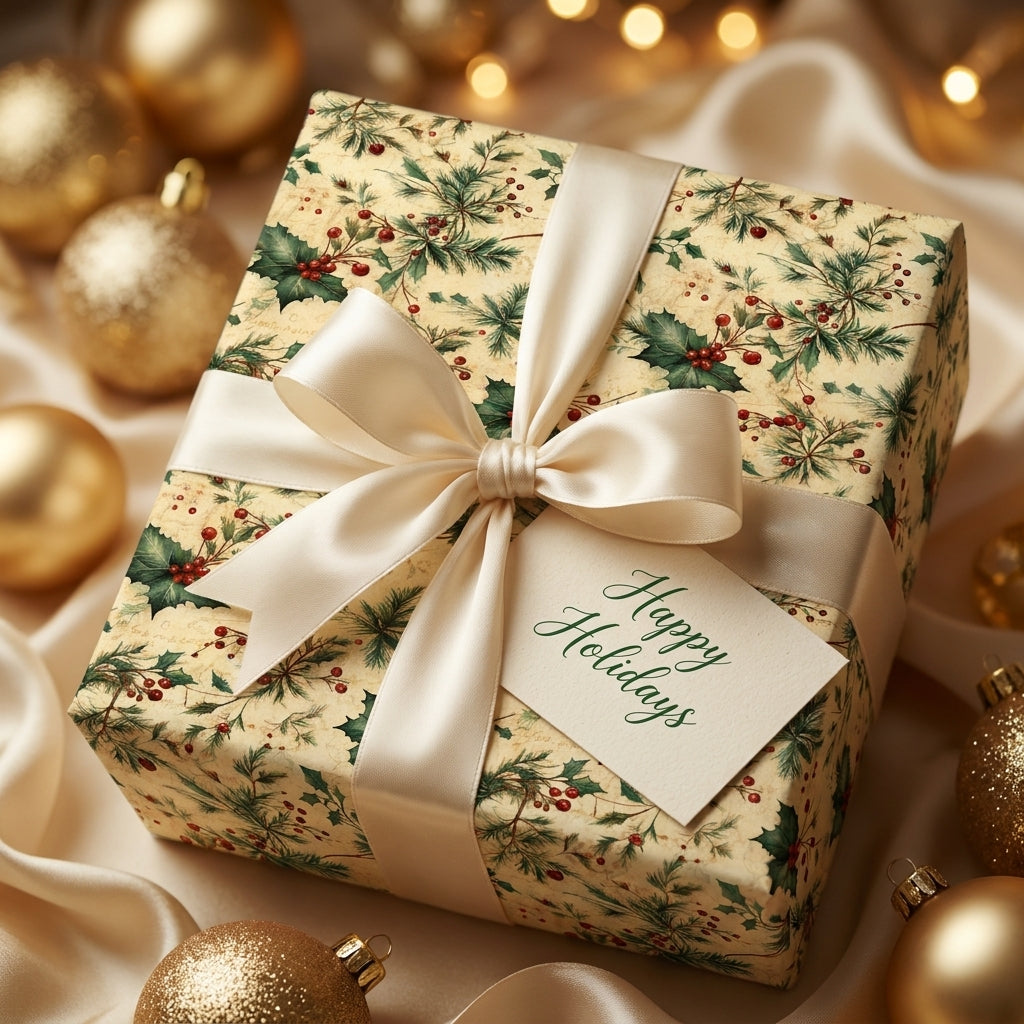 Vintage botanical Christmas wrapping paper with satin bow and Happy Holidays tag by Wrapped Studios.