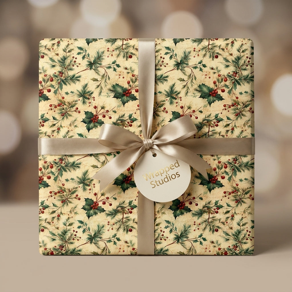 Vintage Christmas wrapping paper with holly pattern and champagne satin ribbon bow by Wrapped Studios.