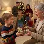 Boy giving grandmother a present in vintage Christmas gift wrap with red ribbon by Wrapped Studios.