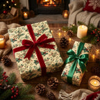 Luxury Christmas wrapping paper with vintage holly pattern on holiday gifts by Wrapped Studios.