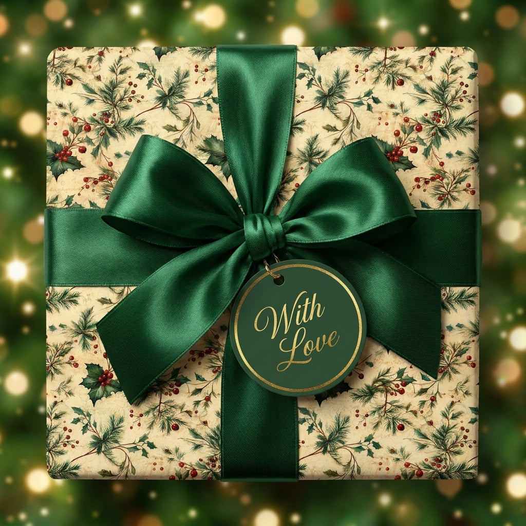 Luxury Christmas gift wrap with vintage holly pattern and emerald green satin bow from Wrapped Studios.