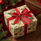Luxury vintage Christmas wrapping paper with a botanical holly print and red bow by Wrapped Studios.
