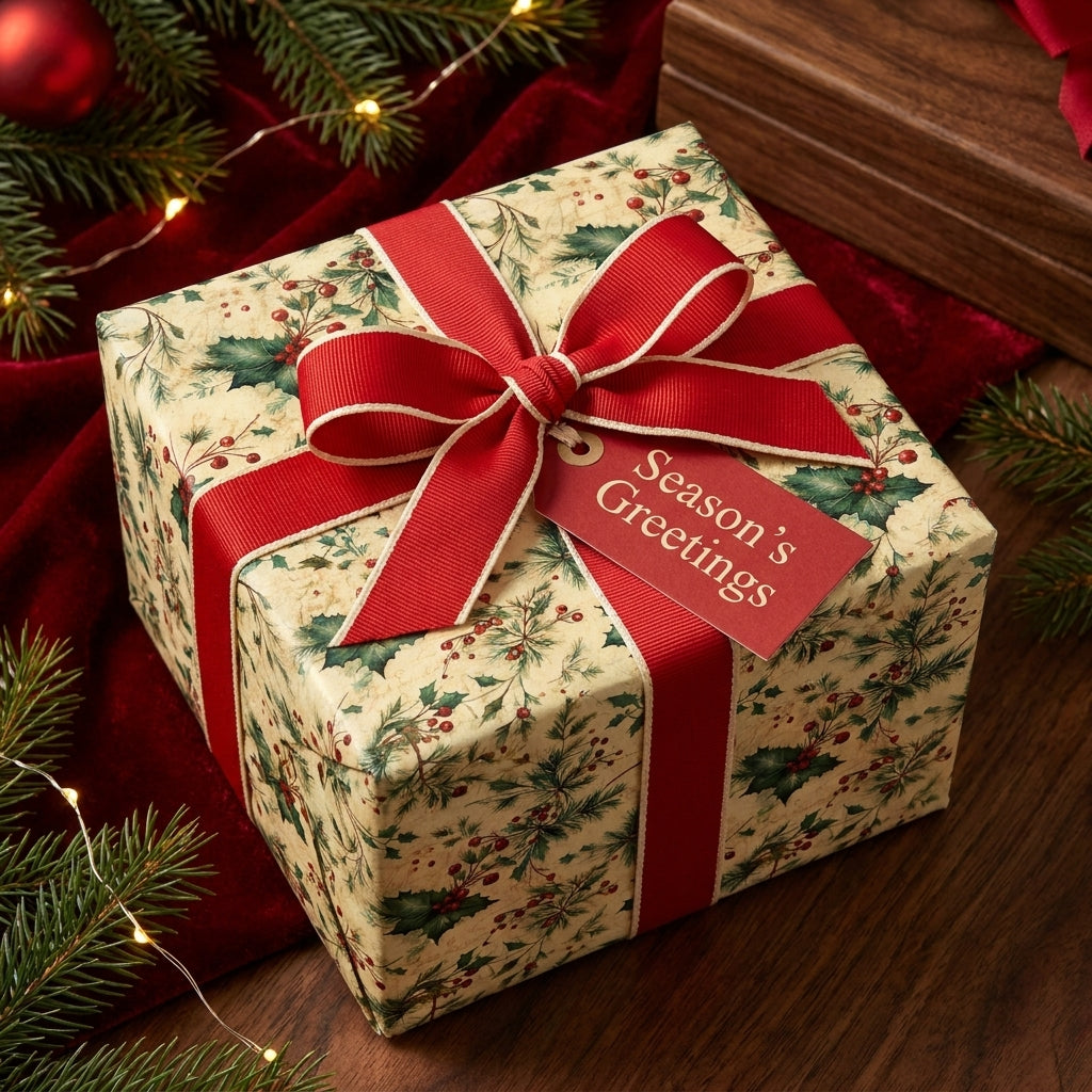 Luxury vintage Christmas wrapping paper with a botanical holly print and red bow by Wrapped Studios.