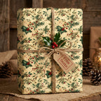Vintage holly Christmas wrapping paper on a gift with rustic twine and Santa tag by Wrapped Studios.