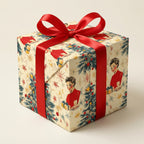 Vintage-style Christmas gift wrap featuring a woman with a red ribbon bow.