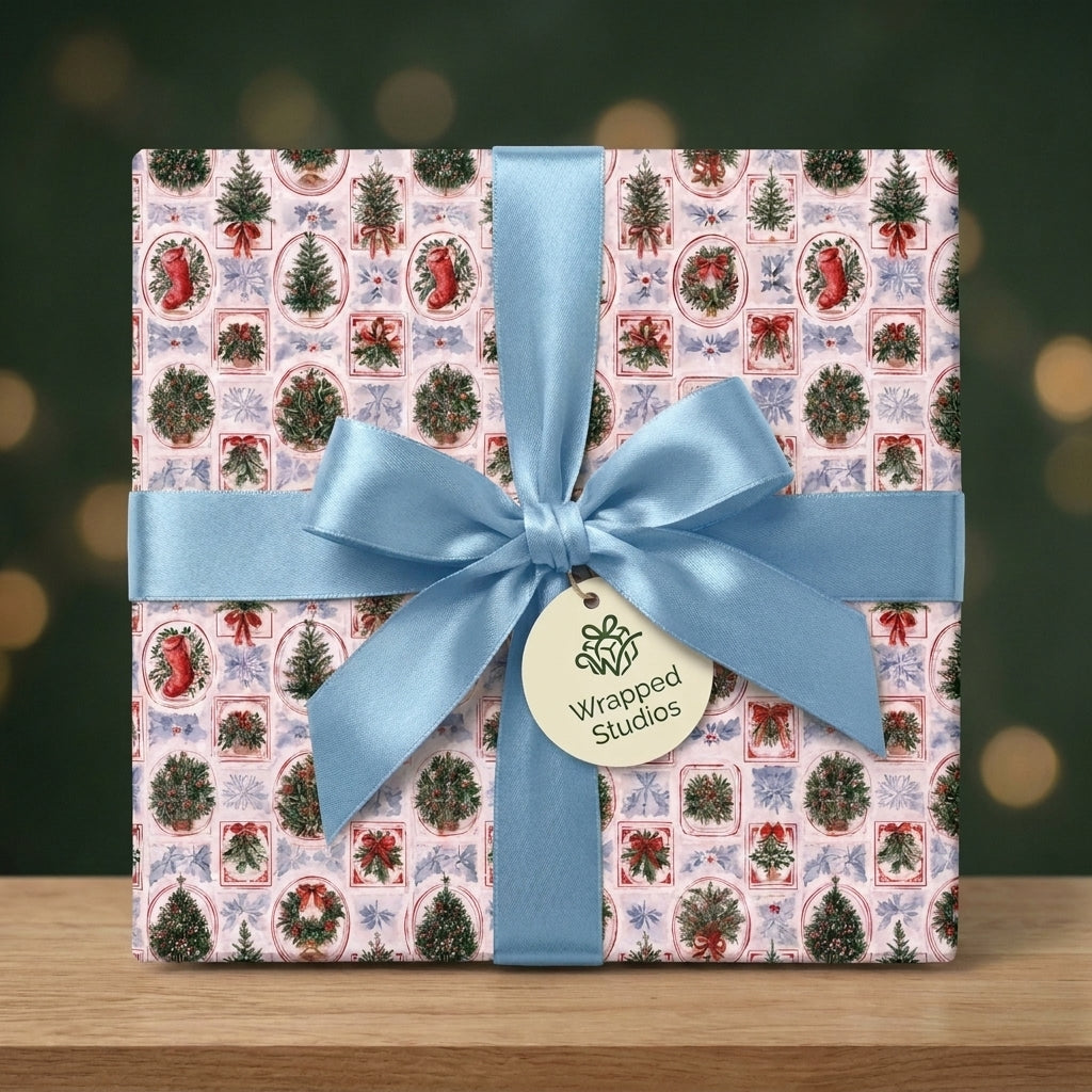 Vintage Christmas wrapping paper with holiday tree patterns and blue satin ribbon by Wrapped Studios.