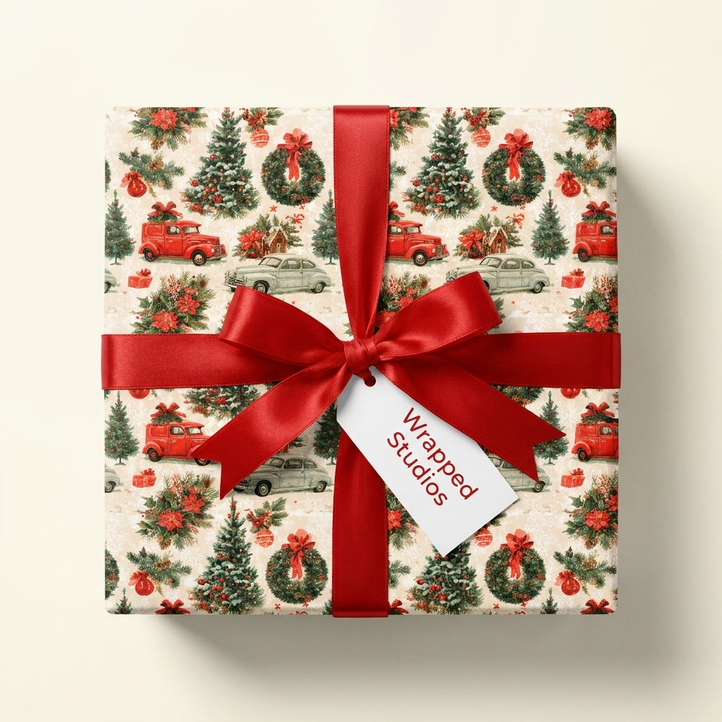 Vintage Christmas wrapping paper with red trucks and trees, tied with a red bow. Wrapped Studios.