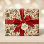 Vintage Christmas wrapping paper with a retro Santa pattern and red satin bow by Wrapped Studios.