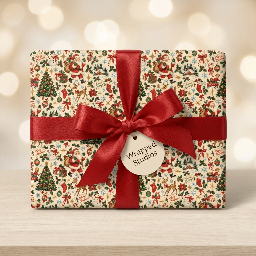 Vintage Christmas wrapping paper with a retro Santa pattern and red satin bow by Wrapped Studios.