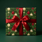 Elegant Christmas wrapping paper by Wrapped Studios featuring red ornaments and a luxury red satin bow.