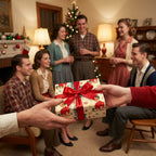 Retro Christmas gift exchange with present wrapped in nostalgic holiday wrapping paper and red satin ribbon.