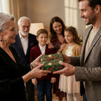 Family exchanging holiday present in green pine Christmas wrapping paper by Wrapped Studios.