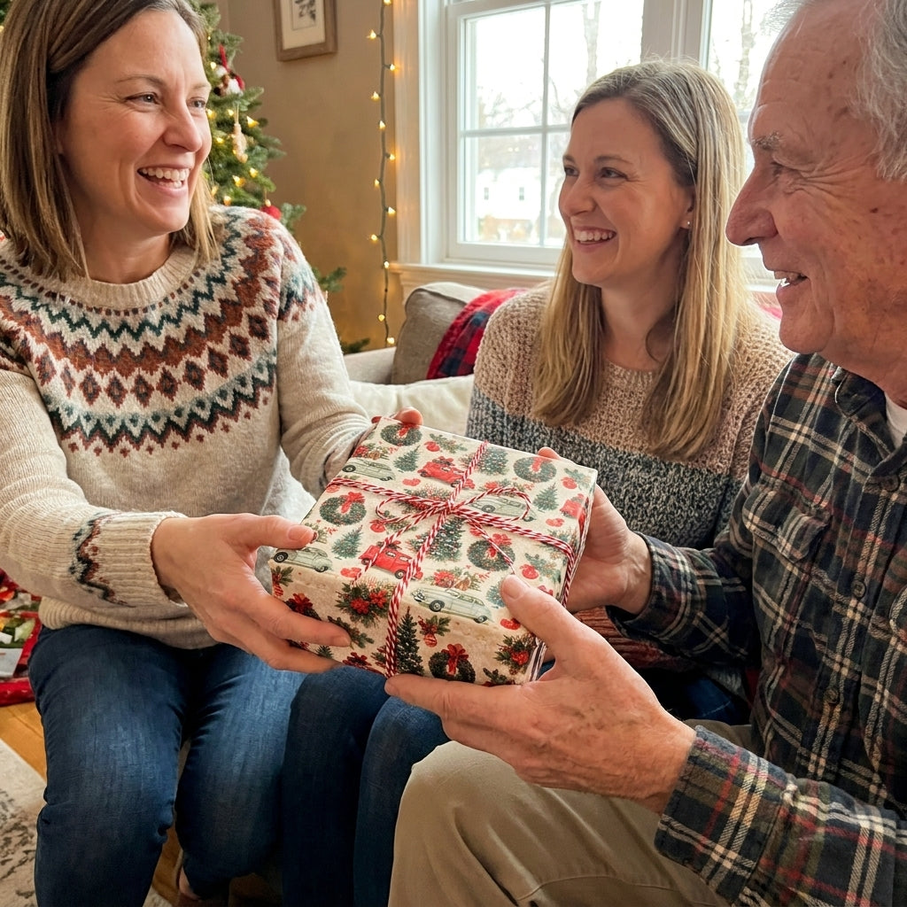 Family exchanging a gift wrapped in vintage red truck Christmas wrapping paper by Wrapped Studios.