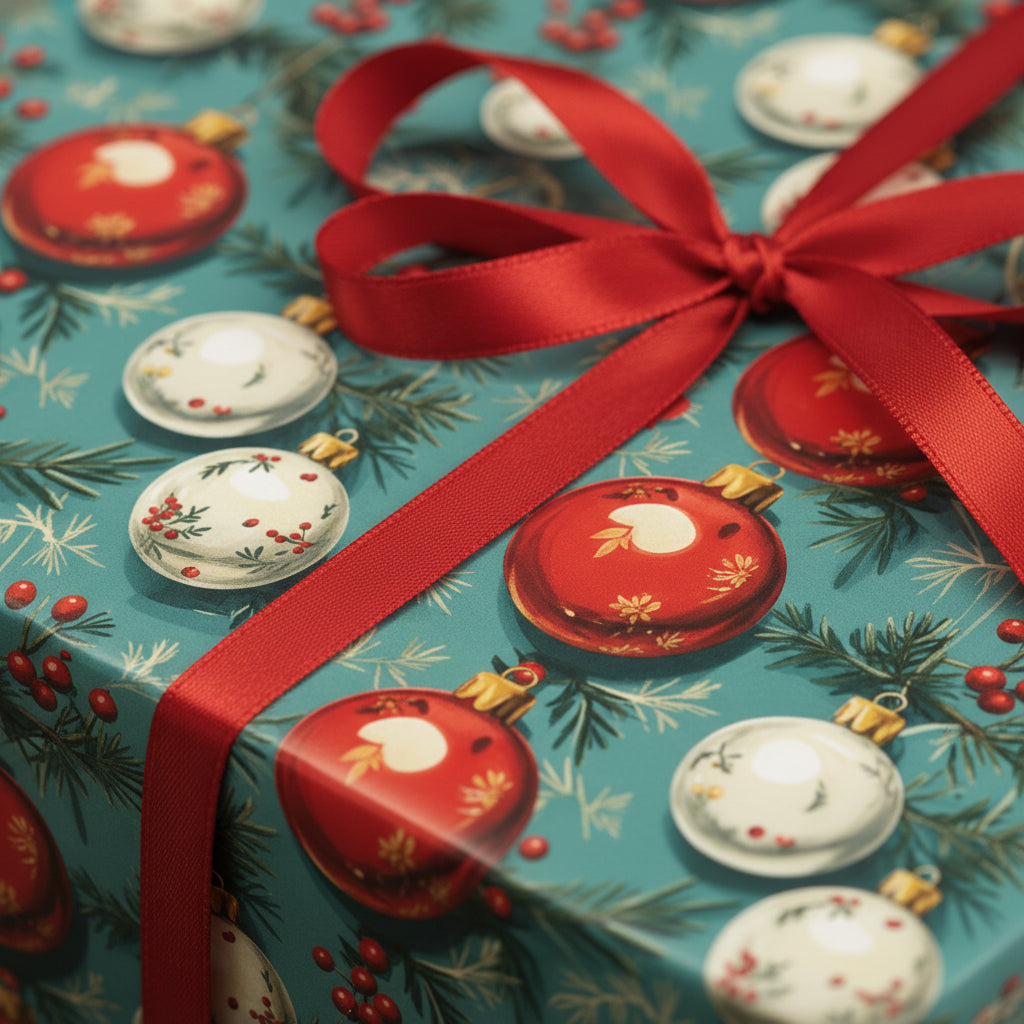 Close-up of a gift wrapped in blue Christmas wrapping paper with red ornaments, holly berries, and a red satin ribbon.