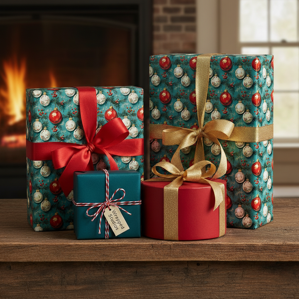 Festive Christmas gifts wrapped in ornament-patterned paper with gold and red ribbon, set against a fireplace.