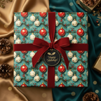 Square gift wrapped in festive Christmas ornament wrapping paper with a red velvet ribbon.
