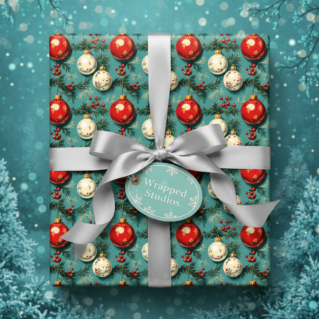Square gift wrapped in vintage Christmas gift wrap with a silver bow and ornament pattern.