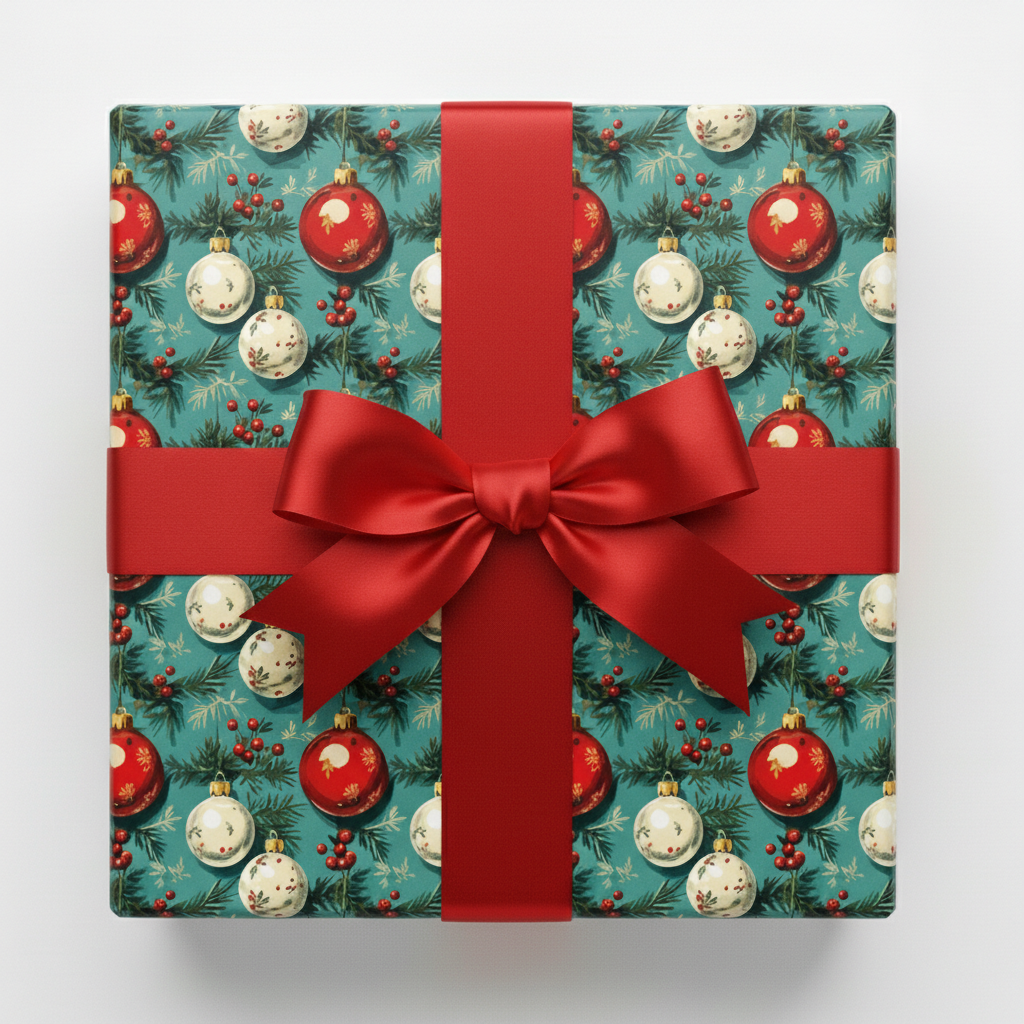 Gift wrapped in teal Christmas wrapping paper with ornament pattern and red satin bow.
