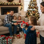 Family exchanging Christmas gifts wrapped in festive holiday wrapping paper with a bright red bow.